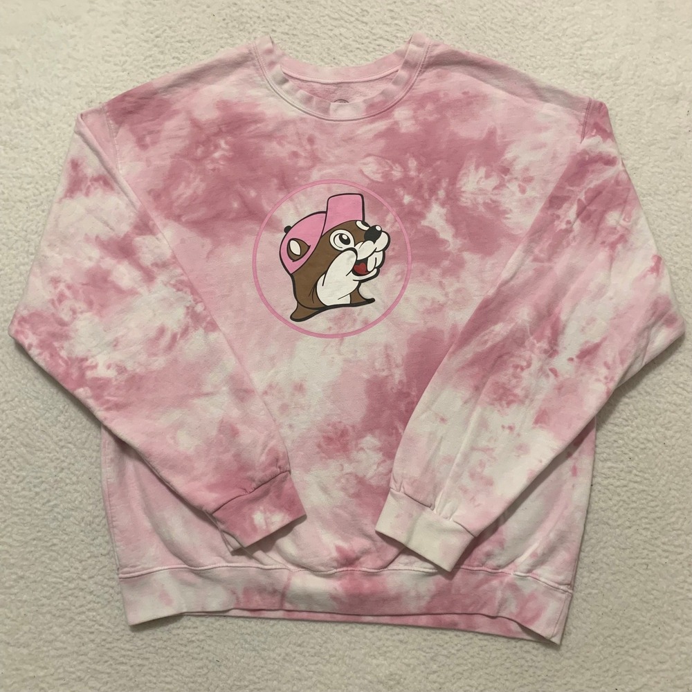 Buc-ee's Pink Tie Dye Sweatshirt Beaver Logo Graphic Crewneck Unisex XL Pullover